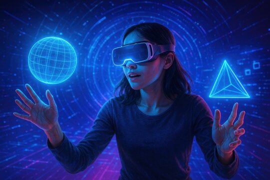 Immersive Virtual Reality Experience: Woman Exploring Digital Worlds Through Advanced VR Technology