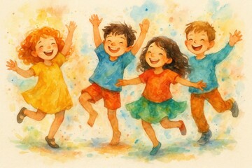 Joyful children dancing with watercolor artistic expression and creative movement therapy for educational and wellness themes