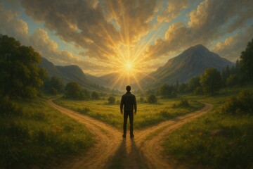 Life's Journey Crossroads: Contemplative Moment at Decision Point with Inspiring Natural Landscape