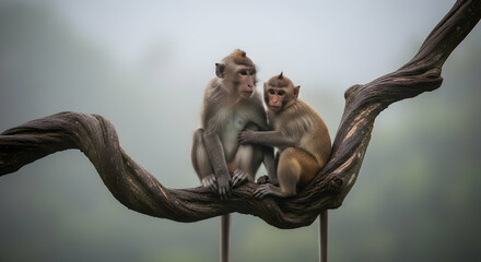 Mother and Baby Monkey Resting on a Twisted Tree Branch