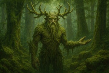 Majestic moss-covered forest guardian with ancient tree spirit and mythical woodland creature atmosphere