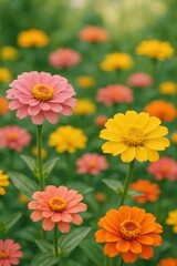 Vibrant blooming zinnias in garden with pink, orange, and yellow blossoms
