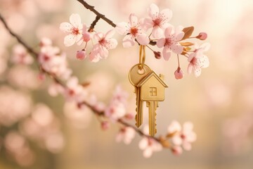 Elegant home ownership symbol with golden keys and cherry blossoms representing new beginnings in real estate journey