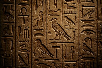 Mysterious ancient Egyptian hieroglyphs carved into weathered stone surface with authentic archaeological atmosphere