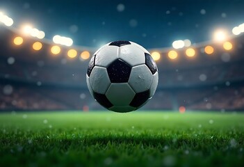 Naklejka premium Generative AI Football match in a rainy stadium at night