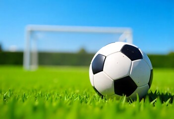 Fototapeta premium Generative AI Football on lush green grass near goal post under clear sky