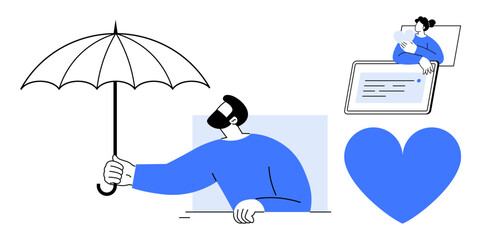 Man holding umbrella for safety, large heart for care, and person using tablet for connectivity. Ideal for insurance, protection, support, healthcare, digital service, kindness simple landing page