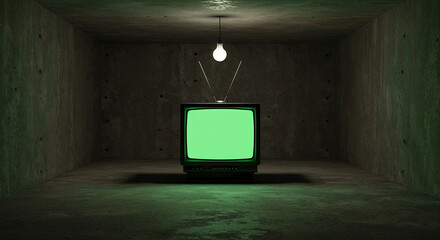 Vintage television with green screen in a dark concrete room