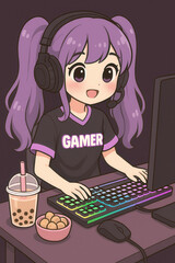 Cute anime style girl gamer with long purple pigtails wearing a headset and black gamer shirt enthusiastically playing on a colorful RGB mechanical keyboard at a desk with bubble tea and snacks
