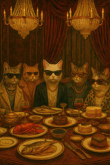 Anthropomorphic cats dressed in formal attire and sunglasses sitting at a luxurious dinner table with gourmet dishes and wine under elegant chandeliers in a lavishly decorated room