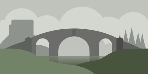 Vector illustration of an old stone arch bridge over a river in a Parisian landscape under a vast sky, blending ancient history with classic European architecture