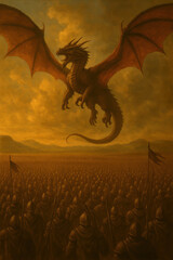 Epic fantasy illustration of large dragon with outstretched wings soaring above vast medieval army of knights holding spears under dramatic golden sky preparing for battle