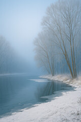 Tranquil frozen river bending through a snowy landscape with frost covered leafless trees disappearing into thick winter fog in peaceful cold morning scene