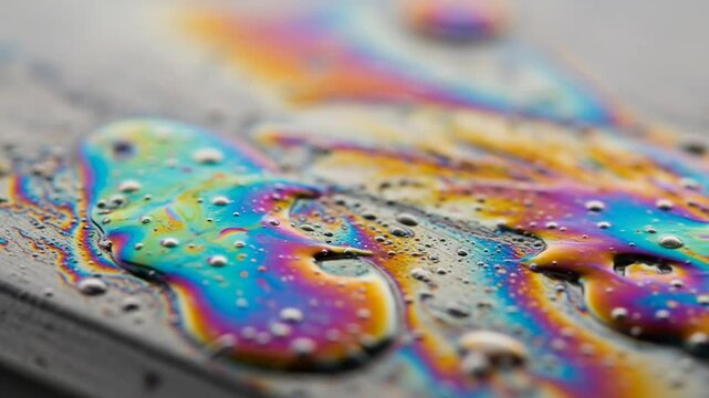 Close up vibrant colorful liquid forming abstract patterns on dark surface with fluid dynamics