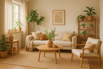 Scandinavian-Inspired Living Space: Cozy Wooden Furniture and Natural Elements Creating Hygge