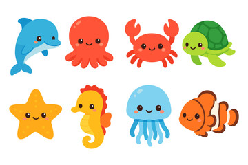 Cute ocean animals vector illustration for children's design in flat style