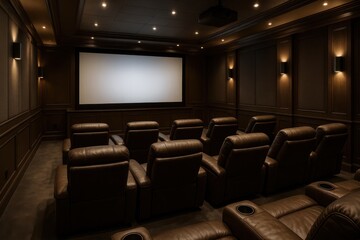 Luxury home cinema with immersive surround sound system and premium leather seating in sophisticated entertainment space