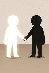 Conceptual art of glowing white figure shaking hands with dark shadow figure representing duality unity or light and darkness