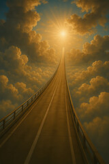 Surreal road leading into glowing sunset sky surrounded by dramatic clouds symbolizing spiritual journey or path to heaven