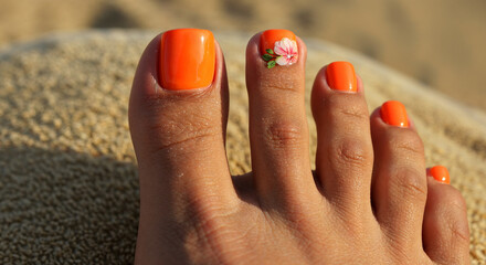 Toenails with orange nail polish and floral design
