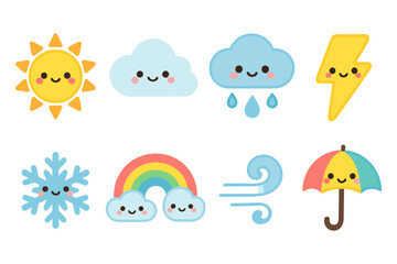 Cute weather icons vector illustration for children - flat style design for educational materials and stationery