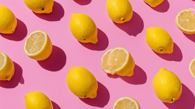 A vibrant top view food pattern featuring fresh lemons on a pink paper background &mdash; perfect for summer, vegan, and vegetarian themes.

