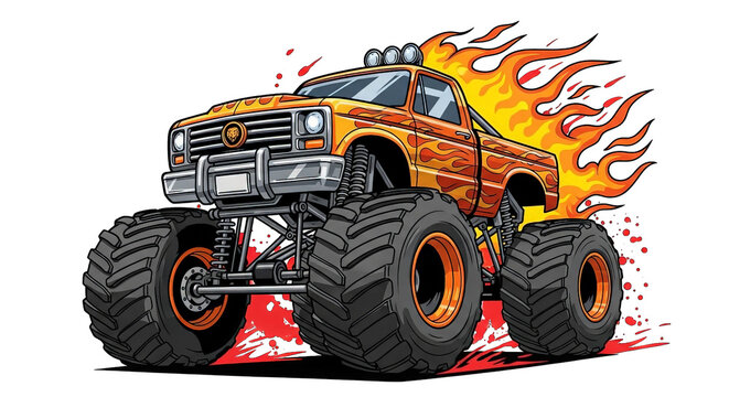 A vibrant cartoon monster truck with flame details and oversized tires evokes a sense of power.