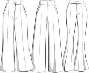 Wide-Leg and Flared Pants Technical Flat Sketch Set, Featuring High Waist and Pleats, Ideal for Women's Fashion Apparel Design.