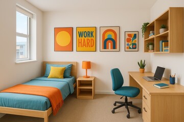 Bright contemporary student dormitory with modern furniture and vibrant decor creating welcoming academic living space