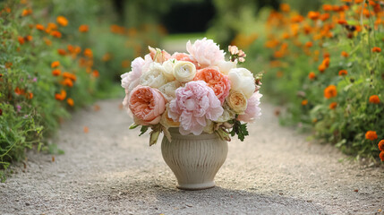 Elegant English garden bouquets in vintage vases, adorned with peonies, tulips and roses and other flowers, displayed in manor garden with dappled light and timeless floral grace
