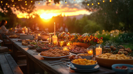 Outdoor feast at sunset with vibrant decorations