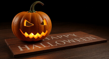 Glowing jack-o'-lantern with Happy Halloween sign