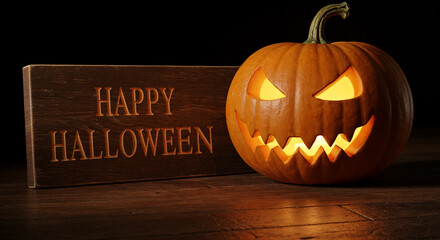 Glowing jack-o'-lantern with Happy Halloween sign