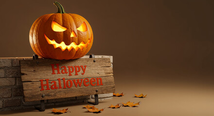 Glowing jack-o'-lantern with Happy Halloween sign