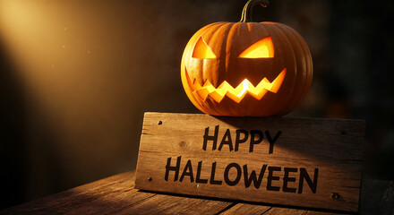 Glowing jack-o'-lantern with Happy Halloween sign