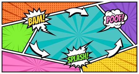 Comic book templates. Comics magazine cover and pages grid layouts with speech balloon frames vector set.
