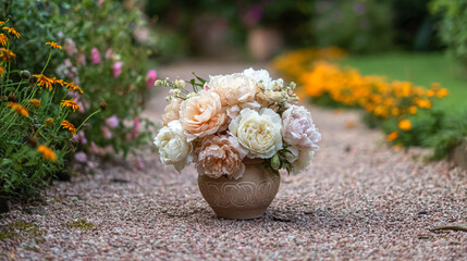 Elegant English garden bouquets in vintage vases, adorned with peonies, tulips and roses and other flowers, displayed in manor garden with dappled light and timeless floral grace