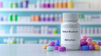 A clear bottle labeled Sodium Bicarbonate with colorful tablets scattered around, set against a soft-focus pharmacy background.