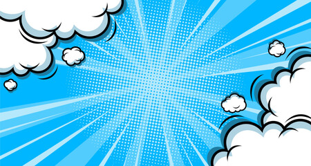 Blue comic abstract background pop art book or poster background with halftone and cloud effect