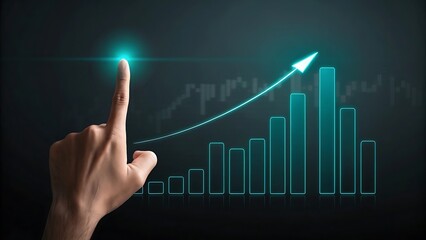 Human finger touching a glowing cyan line graph with an upward arrow indicating business growth and financial success
