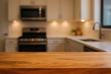 Elegant natural wood dining surface with warm honey tones against softly blurred contemporary kitchen backdrop