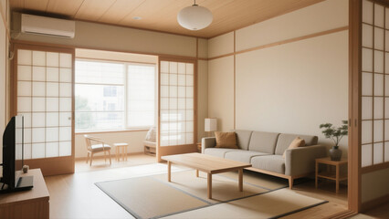Interior view of a Japanese-style living room with sliding doors and minimalist furniture.