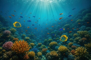 Fototapeta premium Ethereal underwater coral garden with tropical fish and magical light filtering through crystal-clear ocean depths