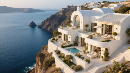 A luxurious white villa with a pool sits atop a cliff overlooking the Aegean Sea, with whitewashed buildings in the background.