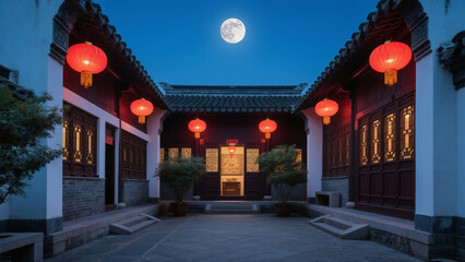 A tranquil courtyard at night, illuminated by lanterns and the moon, showcasing traditional Chinese architecture.