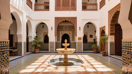Interior courtyard with a fountain, arched doorways, and decorative tilework in a traditional Moroccan style building.