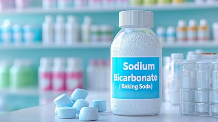 A clear bottle of sodium bicarbonate sits on a table surrounded by various lab equipment, showcasing its household and medical uses.