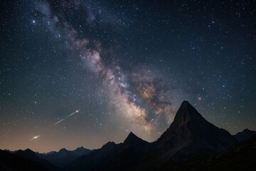 Spectacular milky way galaxy with shooting stars over dark mountain silhouettes