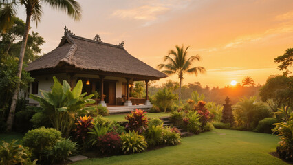 A Balinese house with a traditional roof sits amidst lush tropical greenery at sunset.
