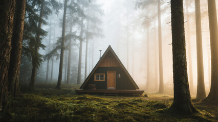 A secluded A-frame cabin nestled within a misty, sun-dappled forest.